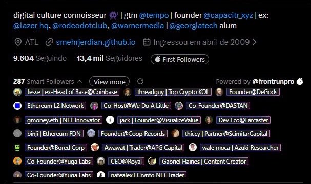 A Twitter/X profile screenshot for 'digital culture connoisseur' (@gtm), showing their bio, location (ATL), and listing various smart followers including crypto and NFT-related accounts.