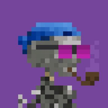 A pixel art style image of a skeleton wearing a blue bandana and pink pixelated sunglasses, smoking a pipe, with a purple background.