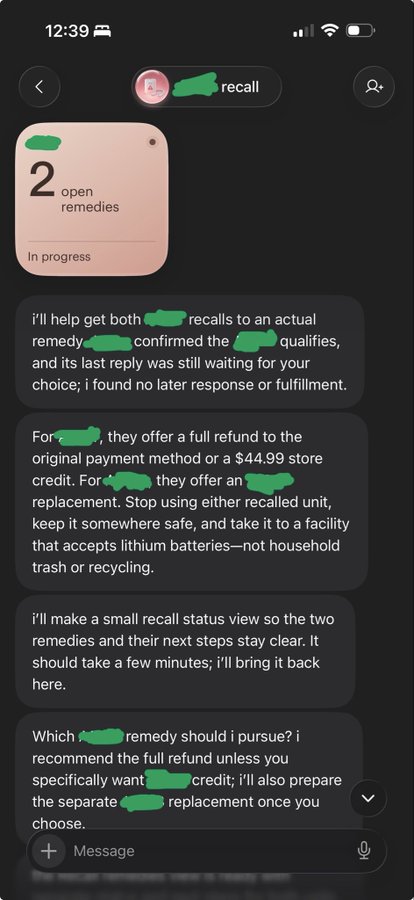 A chat screenshot with an AI assistant discussing recall procedures, mentioning refund options of $44.99 store credit or original payment method, and advising proper lithium battery disposal.