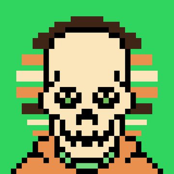 Pixel art portrait of a smiling figure with short brown hair and a mustache against a green background.