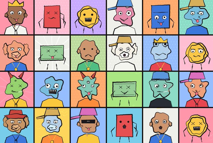 A 4x6 grid of colorful cartoon character portraits, each set against a different pastel background, features various quirky creatures like smiling squares with X eyes, crowned figures, and animals wearing hats. The image serves as promotional artwork for the "Robin SCRAPS day" NFT drop, showcasing a collection of 10,000 generative items available for 0.2$.