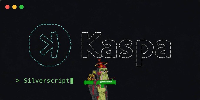 A terminal-style graphic displays the Kaspa cryptocurrency logo with the text 'Silverscript' and 'granksci$' overlaid, alongside an illustration of a skeletal demon figure.