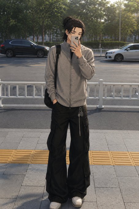 An anime-style illustration of a person taking a mirror selfie, wearing a gray sweater and wide-leg black cargo pants with a chain accessory on a city sidewalk.