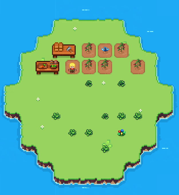 A pixel art depiction of a green island surrounded by water features small plants, wooden benches, a yellow lamp, and a tiny character with a blue hat.