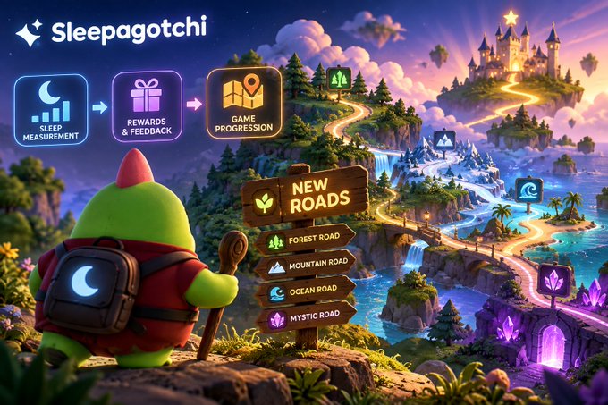 A colorful fantasy-themed game advertisement for 'Sleepagotchi' featuring a green character with a backpack overlooking floating islands, a castle, and a 'NEW ROADS' menu listing Forest, Mountain, Ocean, and Mystic Roads.