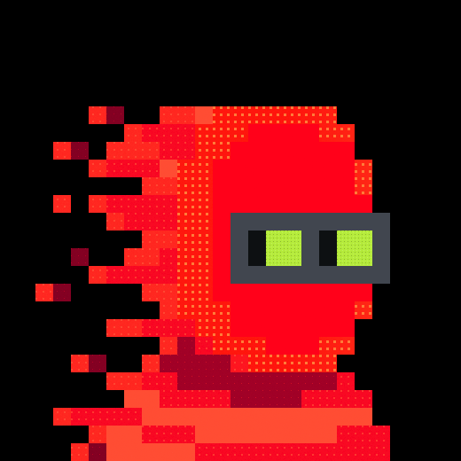 A pixel art illustration of a red ninja-like character wearing a dark headband with yellow-green accents, depicted with a trailing motion effect on a black background.