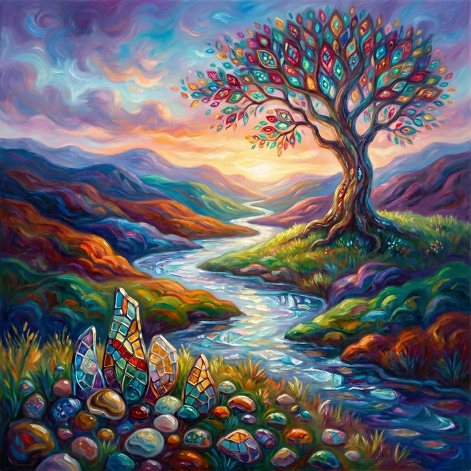 A vibrant, colorful painting depicts a fantastical landscape with a winding river, colorful mountains, and a large tree with multicolored leaves. Crystalline rocks line the riverbank in the foreground.