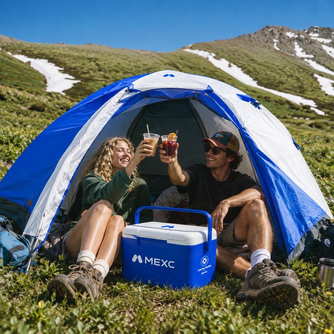 Two campers cheer with drinks at their tent in a scenic mountain meadow, beside a blue cooler labeled "MEXC," symbolizing the platform's promotion of index, ETF, and country-basket futures as an alternative to single-stock investing.