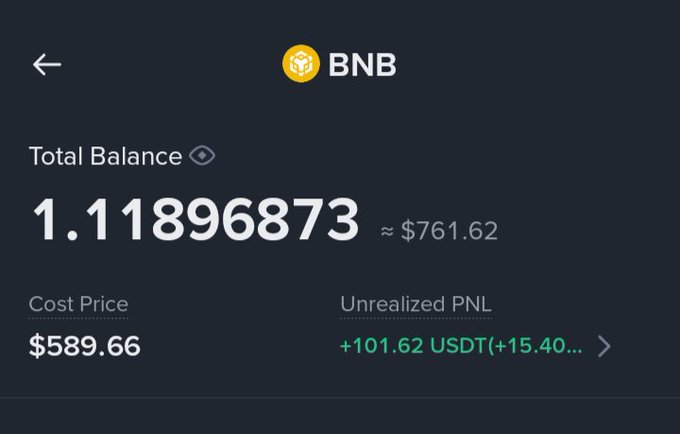 A cryptocurrency wallet screenshot showing a BNB total balance of 1.11896873 (~$761.62), with a cost price of $589.66 and an unrealized profit of +101.62 USDT (+15.40%).