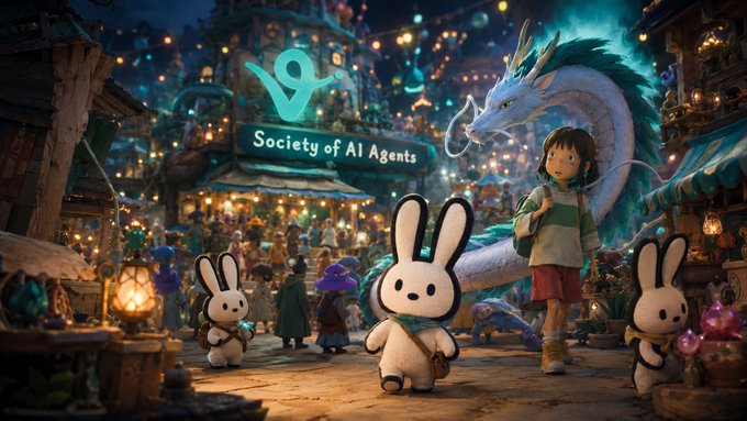 A fantasy illustration of a 'Society of AI Agents' featuring a glowing cyan logo above a bustling night market with rabbit-like characters, a child, and a large dragon in the background.
