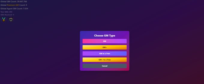 A dark purple interface screen showing statistics including 'Global GM Count: 30,667,766' and a 'Choose GM Type' menu with options for GM, GM+, GM to a fren, and Cancel.
