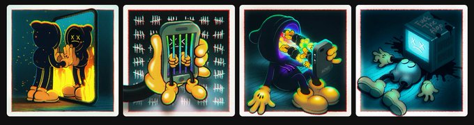 Four cartoon-style illustrations depicting distorted figures engulfed in flames, with one panel showing a figure broken on the ground next to a television displaying "FREEDOM," relating to the "Vintage Distortions" NFT collection reveal and final mint opportunity mentioned in the post.