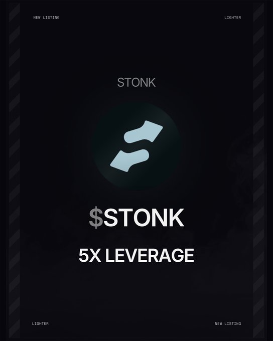 A dark promotional graphic from Lighter announcing a new listing for $STONK with 5X leverage, featuring a stylized "Z" logo. The image ties to the caption "When Hyperliquid core?" by teasing STONK as a potential new token with leveraged trading options, suggesting anticipation for similar high-leverage listings on competitor platforms like Hyperliquid.