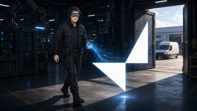 A digital illustration of a person in tactical black gear and goggles holding a glowing blue device in a high-tech facility, with a large white geometric logo overlay.