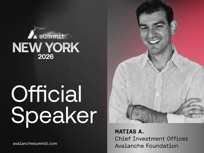 A promotional graphic for "Summit NEW YORK 2026" announcing "Official Speaker Matias A., Chief Investment Officer at Avalanche Foundation."
