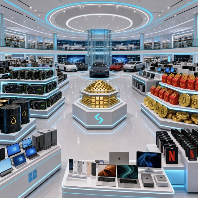 The image depicts a futuristic, high-tech retail showroom featuring luxury cars, gold bars, Bitcoin coins, oil barrels, premium electronics (laptops, smartphones, tablets), and red gift bags arranged around a central glowing display. Visible branding includes Bitcoin logos on the coins and a Netflix "N" logo on merchandise to the right, with a stylized lightning-bolt logo on the central podium.

This visualizes the accompanying post about UEX as a physical store by presenting it as a one-stop shop offering diverse "commodities" ranging from physical gold, crypto, and oil to luxury vehicles, tech gadgets, and streaming-style subscriptions — symbolizing a marketplace where users can trade or access a wide variety of digital and physical assets in a single hub.