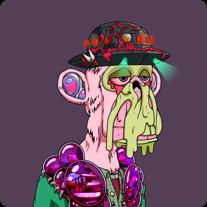 A digital illustration of a stylized, grotesque character with a pink face, drooping yellow-green facial features, large ears, and a dark helmet with red glowing cracks and spikes, wearing a colorful purple beaded necklace.