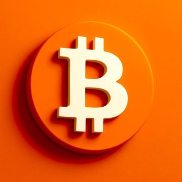 A 3D rendered image of a white Bitcoin logo set against an orange circular background.