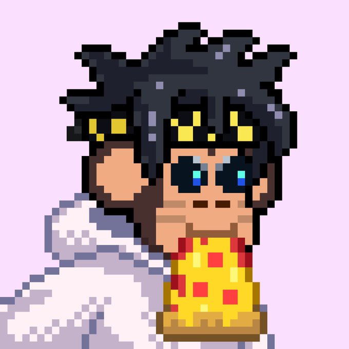 A pixel art illustration of a character with messy dark hair, bright yellow eyes, wearing sunglasses, holding a pizza slice and drinking from a cup.