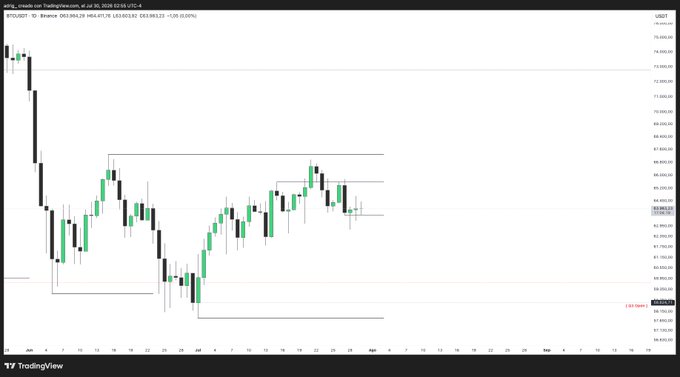 A TradingView candlestick chart for Binance BTCUSDT showing price action around $63,840 as of July 8, 2026, displaying a downward trend.