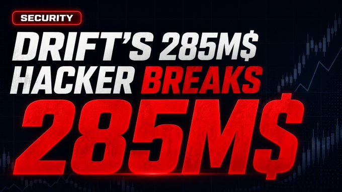 A dramatic thumbnail or banner with bold red and white text reading 'DRIFT'S 285M$ HACKER BREAKS 285M$' with a 'SECURITY' tag, set against a dark background with stock chart visuals.