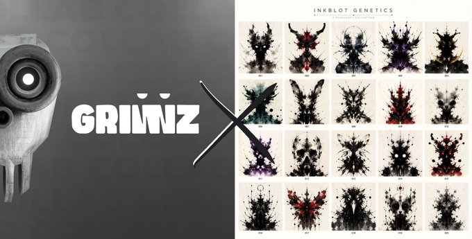 The image features a poster with a black background, white text, and various images of inkblots. The poster also includes a small skull and crossbones symbol. Below the poster, there's a block of text that reads "2 GTD 3 FCFS WL spots for @InkgeneticsNFT - Go to eth-wallet-share channel in our Discord - Share your ETH wallet - Results in 24 hours *This collab is for GRINNZ NFT holders only.". The image seems to be related to the post about Inkblot Genetics, as it features images of inkblots and a skull symbol, which are often associated with genetic testing or genetic disorders.