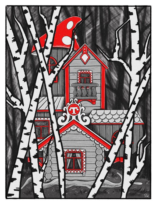 A stylized illustration of a red-roofed house with a "TT" logo hidden within a dark forest of birch trees, rendered in black, white, and red tones.