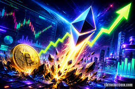 A vibrant digital illustration of a Bitcoin coin and Ethereum diamond logo with an upward-pointing green arrow, set against trading charts and a futuristic cityscape.