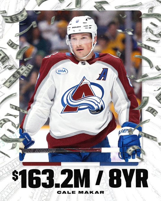 A hockey trading card graphic featuring Cale Makar in an Avalanche jersey with the text "$163.2M / 8YR" displayed prominently, surrounded by floating dollar bills.