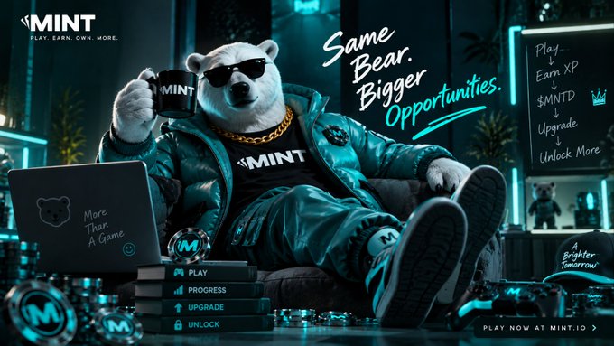 A promotional image for 'MINT' (mint.io) featuring an anthropomorphic polar bear in a teal jacket and sunglasses holding a mug, with the slogan 'Same Bear. Bigger Opportunities.' and text about playing, earning XP, and $MNTD.