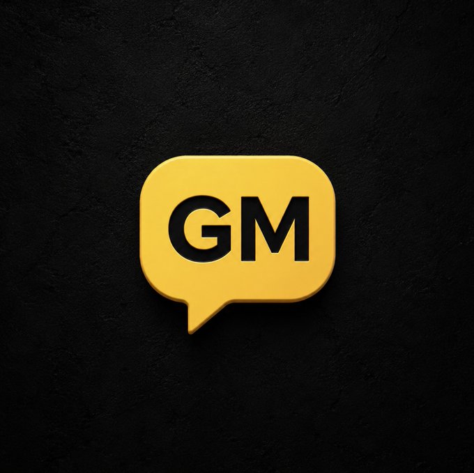 A yellow speech bubble icon displaying "GM" (Good Morning) on a dark textured background, visually representing the post's straightforward morning greeting.