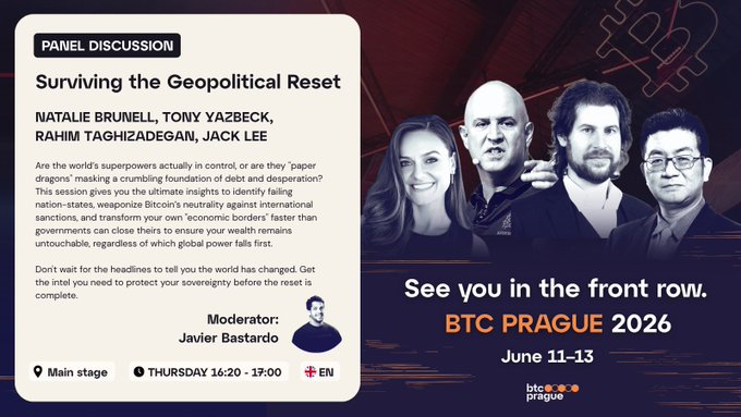 The post has a discussion board or chat bubble with multiple names in it, including @BTCPrague, but not all of them are visible. The focus seems to be on how to survive the current situation due to the geopolitical reset and that it is happening at @BTCPrague today.