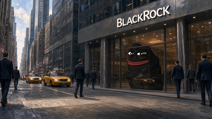 The image depicts a bustling city street outside a BlackRock office building, with a stylized gorilla figure visible through the glass windows, while pedestrians and yellow taxis pass by on the sidewalk below. The prominent "BLACKROCK" signage on the building aligns with the $BLK ticker, visually symbolizing the financial giant's towering presence in urban finance.