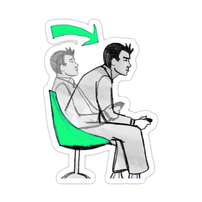 An instructional illustration showing proper sitting posture, with a green arrow indicating the correct upright back position on a green chair.