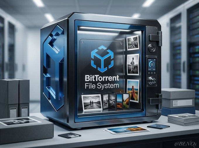 A 3D-rendered image of a high-tech server box labeled 'BitTorrent File System' with the BitTorrent logo, displayed in what appears to be a data center environment with photos scattered around it.