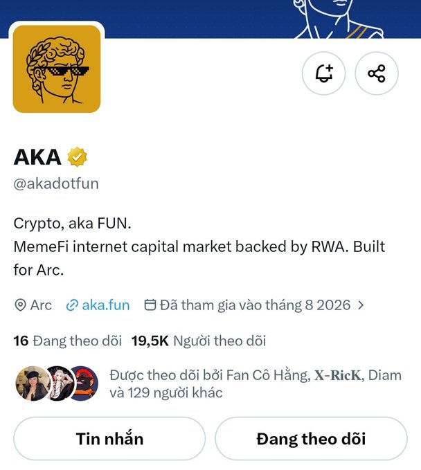A social media profile for AKA (@akadotfun) with a Medusa-like logo, described as 'Crypto, aka FUN. MemeFi internet capital market backed by RWA. Built for Arc.'