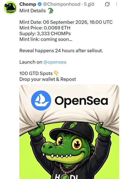 A tweet from @Chomponhood announcing Chomp NFT mint details: Mint Date 06 September 2026, 16:00 UTC, Mint Price 0.0069 ETH, Supply 3,333 CHOMPs, launching on OpenSea with 100 GTD spots.