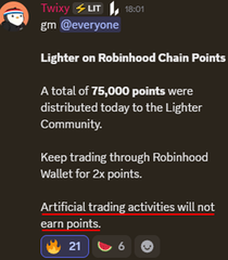A Twitty tweet from user gm (@everyone) announces that a total of 75,000 points were distributed to the Lighter community via Robinhood Chain, with 2x points offered for trading through Robinhood Wallet and a warning that artificial trading will not earn points. The image supports the post by illustrating Lighter's weekly point distribution system, while the accompanying text notes the user's personal receipt of only 18 points this week and highlights how farming becomes harder over time.
