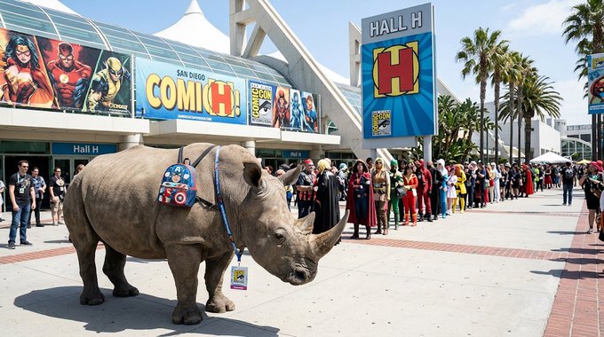 A rhinoceros wearing a Captain America-themed backpack stands in front of San Diego Comic-Con's Hall H, with costumed attendees and superhero banners visible in the background.