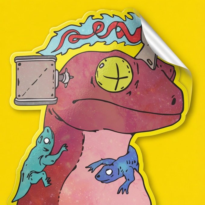 A cartoon-style sticker illustration of a pink dinosaur with a wind-up key on its side, featuring blue and red lizard-like creatures and the partial word 'ea' at the top.