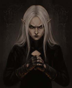 A dark fantasy portrait of a pale elf-like character with long white hair, pointed ears, and a black outfit, with hands clasped together against a shadowy background.