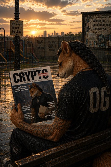 An artistic render of an anthropomorphic dog character with dreadlocks, wearing a black shirt with 'OG', reading a 'CRYPTO Magazine' titled 'This Edition: The Premiere of Peanut's Practice', with an urban sunset background and signs reading 'It's okay to not be okay' and 'Where do good men lose themselves'.