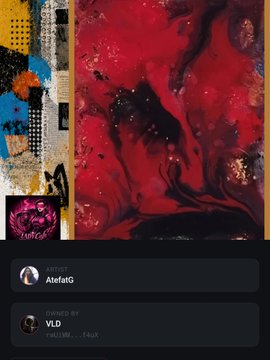 NFT listing by artist 'AtefaG' titled 'VLD' showing an abstract red and black painting with a mixed-media collage border, hosted on the LooksRare platform.