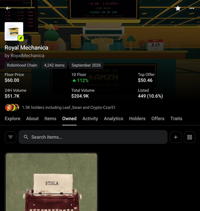 A screenshot of a Royal Mechanica NFT collection page on Robinhood Chain shows a $60.00 floor price, $51.7K 24H volume, and 4,242 items, with an "Owned" tab displaying a $TSLA-themed typewriter item. The image illustrates the post's claim of a $60 floor price milestone, reflecting bullish sentiment ahead of upcoming staking features.