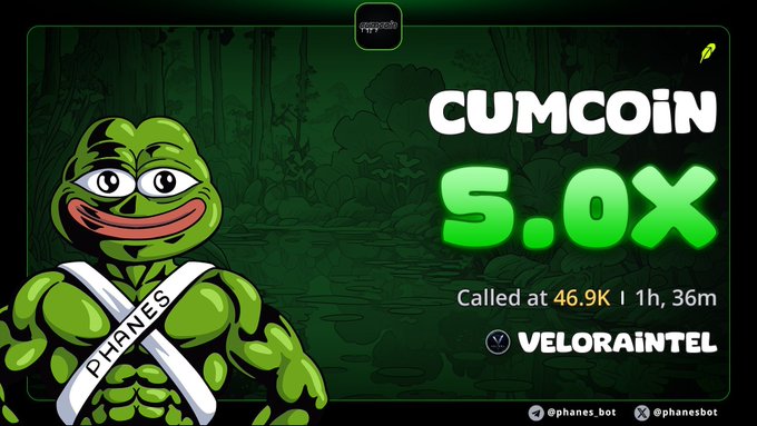 Promotional graphic for 'CUMCOIN' showing '5.0X' in large green text, with a Pepe the Frog character labeled 'PHANES' and a price call of 46.9K.