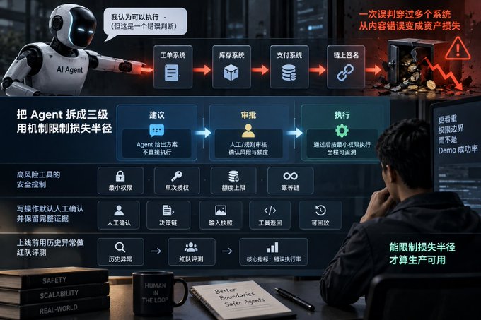 A Chinese-language infographic about AI agent safety, showing a robot labeled 'AI Agent' making decisions across order, inventory, and payment systems, with diagrams explaining three-tier agent architecture (propose, approve, execute), security controls, and human-in-the-loop oversight.