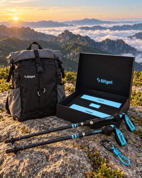 A Bitget branded product display featuring a gray backpack and an open box containing blue and black trekking/hiking poles, photographed on a rocky mountain summit with clouds visible in the background.