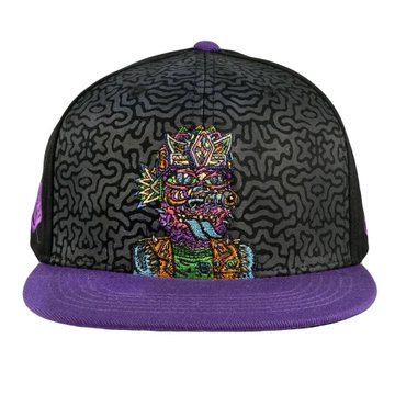 A black and purple snapback hat featuring vibrant, psychedelic artwork by Chris Dyer (@positivecreator) of a colorful figure on the front, with a patterned interior and "Galaktic" embroidered on the brim, from the Galaktic Gang collaboration with GrassRoots.