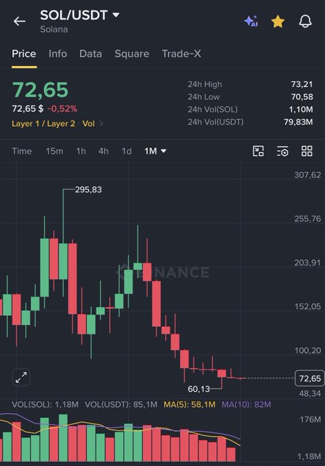 A Binance chart of SOL/USDT (Solana) showing a monthly candle stuck at $72.65, down 0.52%, with a historical high of $295.83 and a recent low of $60.13—visually reinforcing the post's claim of SOL closing red for 10 consecutive months amid brutal market conditions.