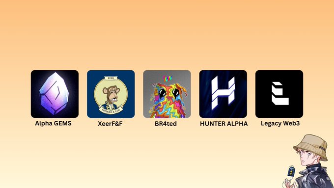 A promotional graphic showing five project icons labeled Alpha GEMS, XeerF&F, BR4ted, HUNTER ALPHA, and Legacy Web3, with an anime character in the corner.